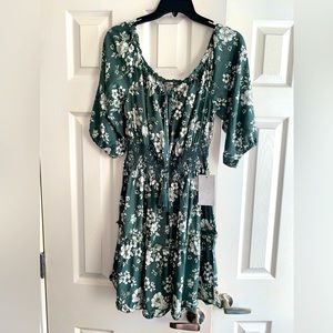 Flowery Green Dress Off The Shoulder